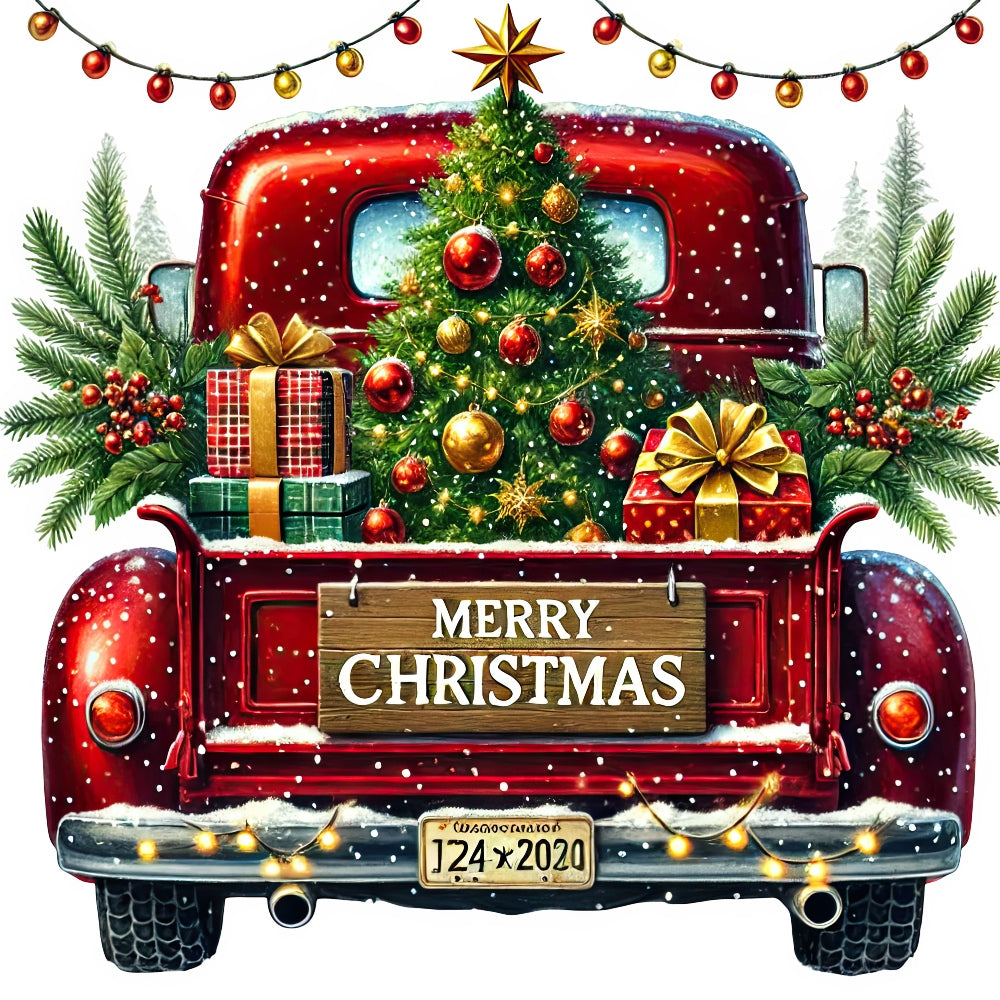 Christmas Trucks Fabric Panel 7 features a red vintage truck with a decorated Christmas tree, gifts, and holiday greenery.
