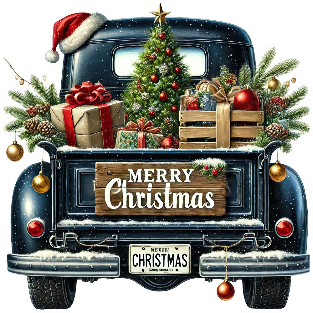 Christmas Trucks Fabric Panel 8 features a vintage truck loaded with gifts, a Christmas tree, and holiday decor in snow.