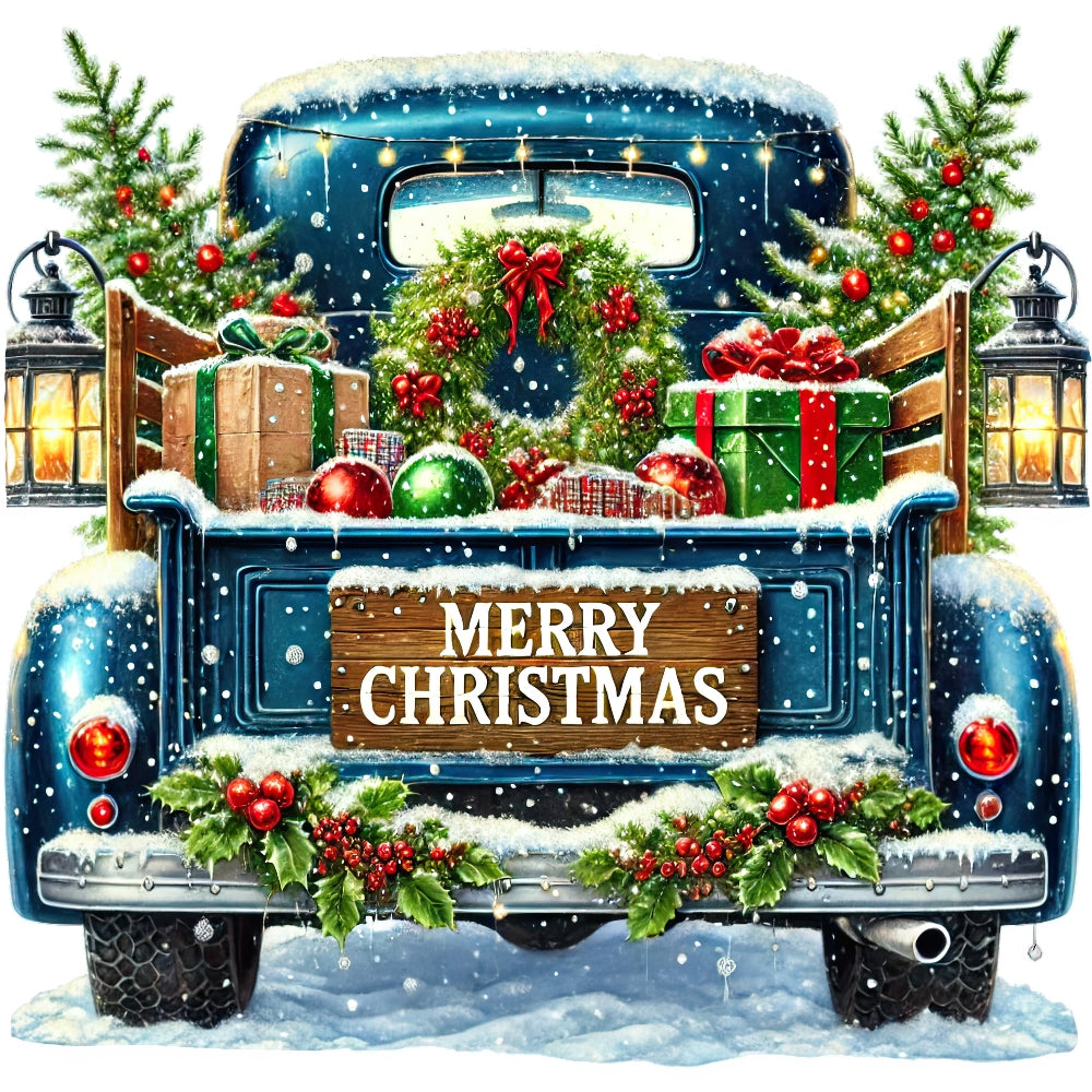 Christmas Trucks Fabric Panel 9 showing vintage blue truck with Christmas wreath, gifts, and snow in festive holiday scene.