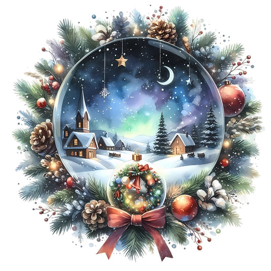 Christmas Winter Scene 10 Fabric Panel featuring a snowy village with pine cones and ornaments in a festive holiday wreath design.