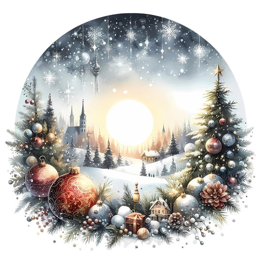Christmas Winter Scene 12 Fabric Panel featuring a snowy village, decorated pine trees, ornaments, and glowing full moon in a winter night.