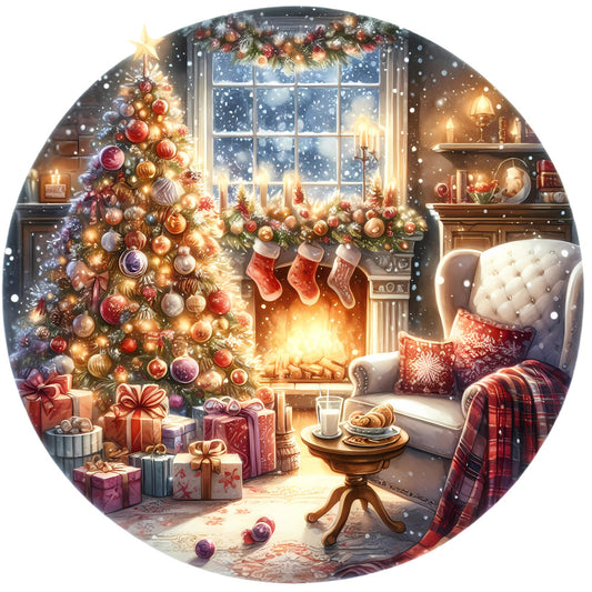 Christmas Winter Scene 13 Fabric Panel shows a cozy living room with a decorated tree, gifts, and a warm fireplace in winter.