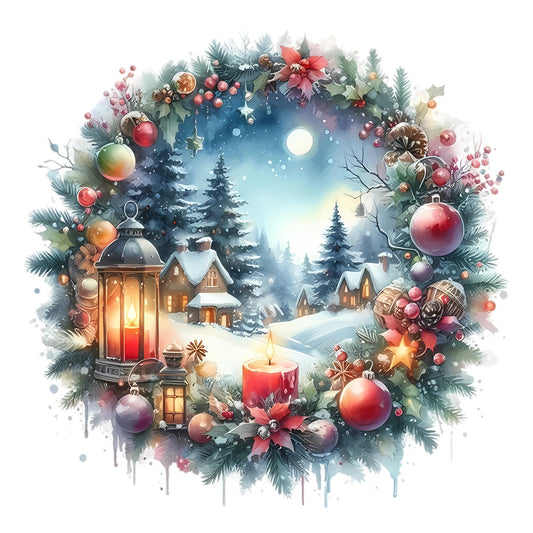 Christmas Winter Scene 14 Fabric Panel featuring a festive wreath framing a cozy snow-covered village under moonlight, printed on premium cotton.