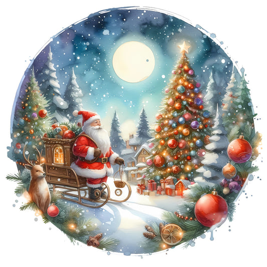 Christmas Winter Scene 15 Fabric Panel features Santa with sleigh, decorated tree, gifts, and snowy night under a full moon.