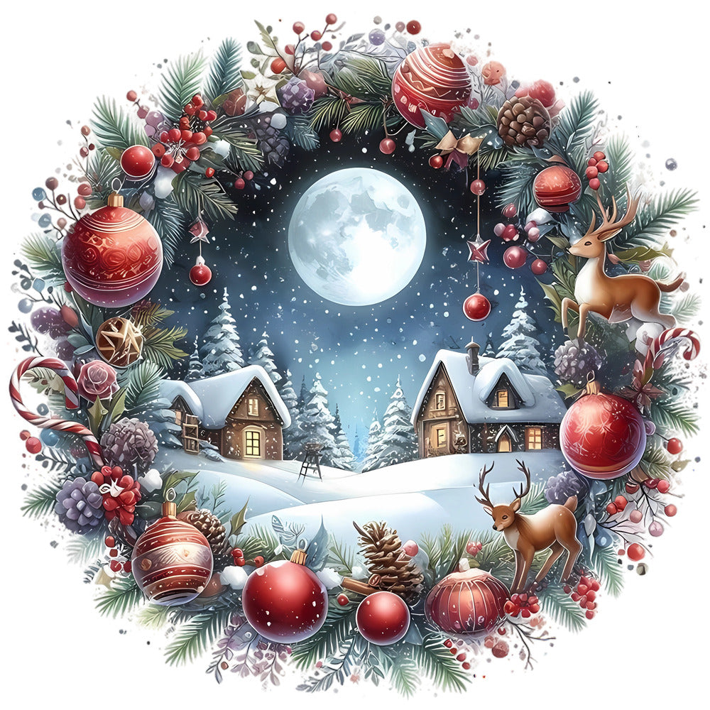 Christmas Winter Scene 16 Fabric Panel featuring a snowy village, full moon, deer, and festive wreath with red ornaments and pinecones.