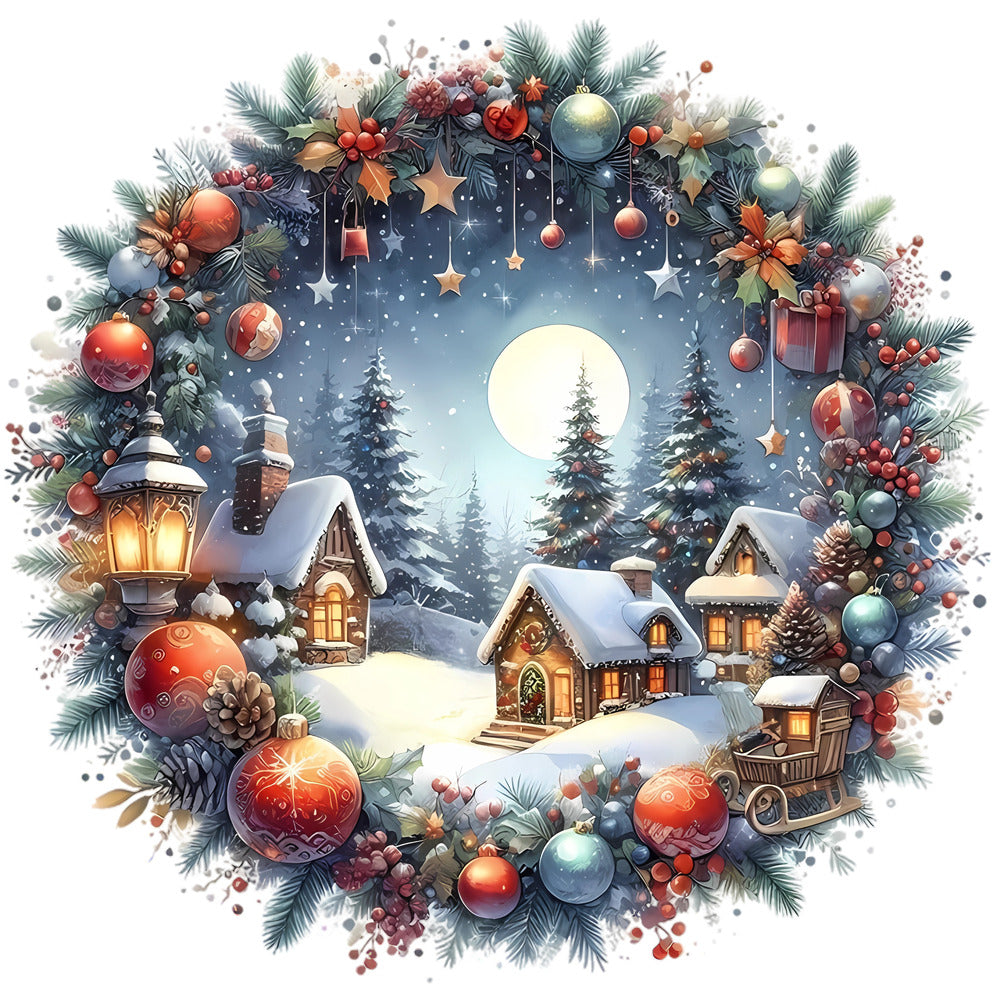 Christmas Winter Scene 17 Fabric Panel featuring a snowy village with cottages, pine trees, and festive wreath decorations.