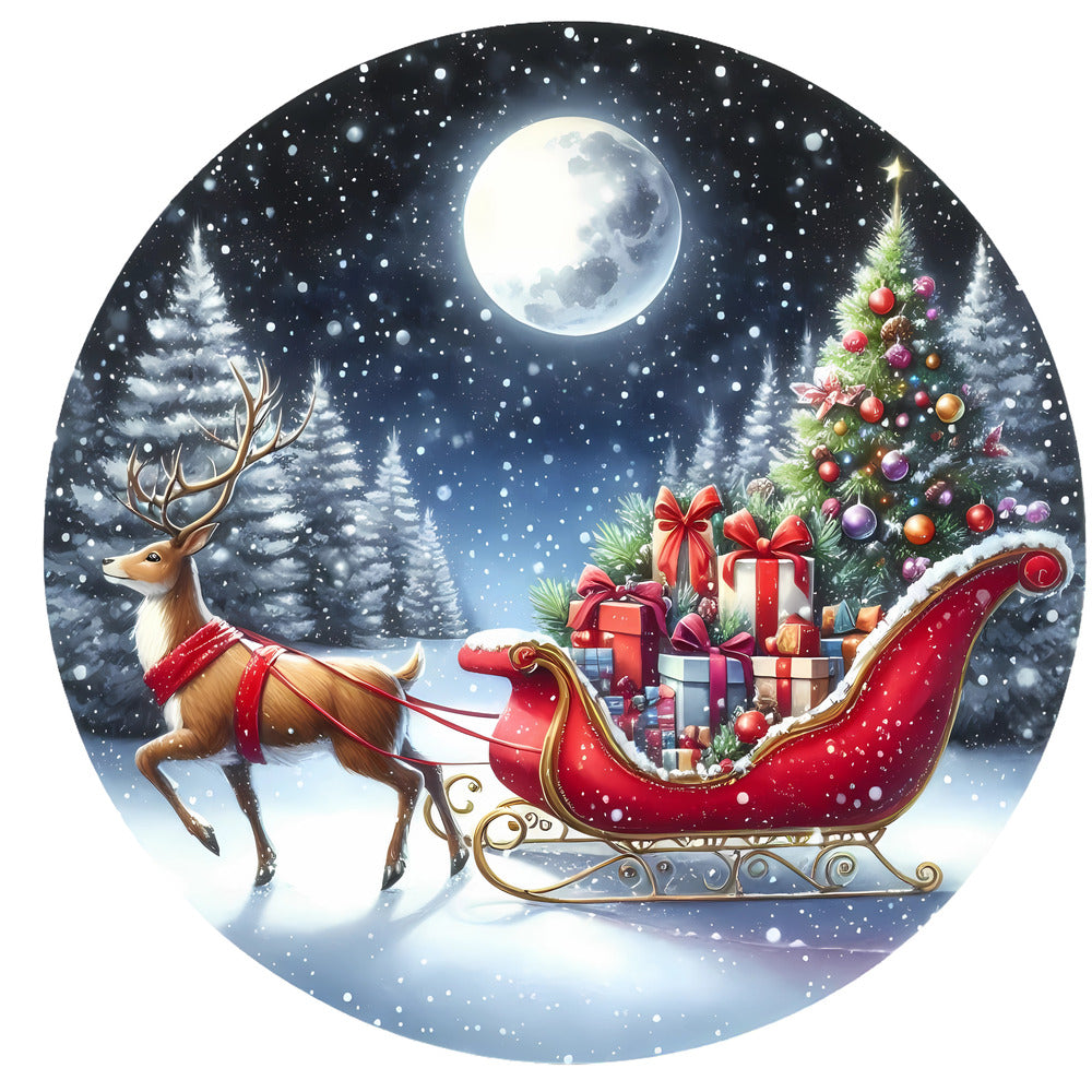 Christmas Winter Scene 18 Fabric Panel showing a reindeer pulling a red sleigh filled with gifts under a full moon in snowy woods.