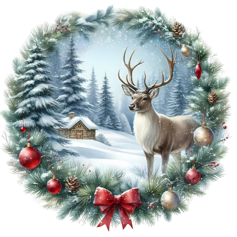 Christmas Winter Scene 19 Fabric Panel features a snowy forest with a deer, pine trees, and festive wreath with ornaments.