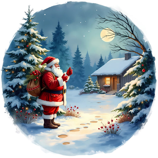 Christmas Winter Scene 1 Fabric Panel showing Santa Claus at snowy cabin under moonlight with festive decorated pine trees.