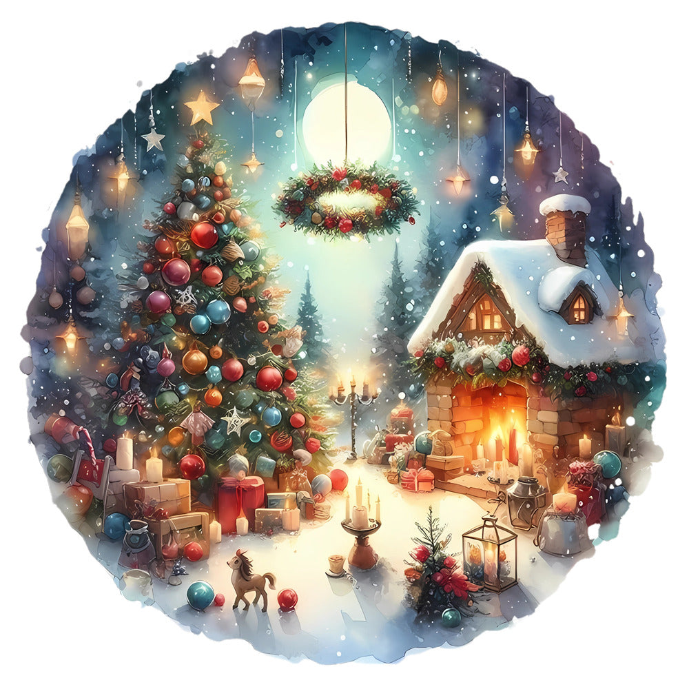 Christmas Winter Scene 20 Fabric Panel depicting a cozy snowy cabin, decorated Christmas tree, and glowing lanterns at night.