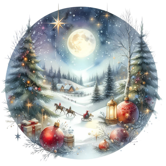 Christmas Winter Scene 21 Fabric Panel depicting a snowy night with decorated trees, sleigh, and glowing full moon in winter landscape.
