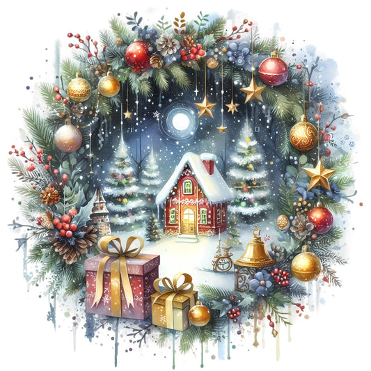 Christmas Winter Scene 23 Fabric Panel featuring a snowy cottage, decorated wreath, gifts, and festive ornaments in premium quilting cotton.