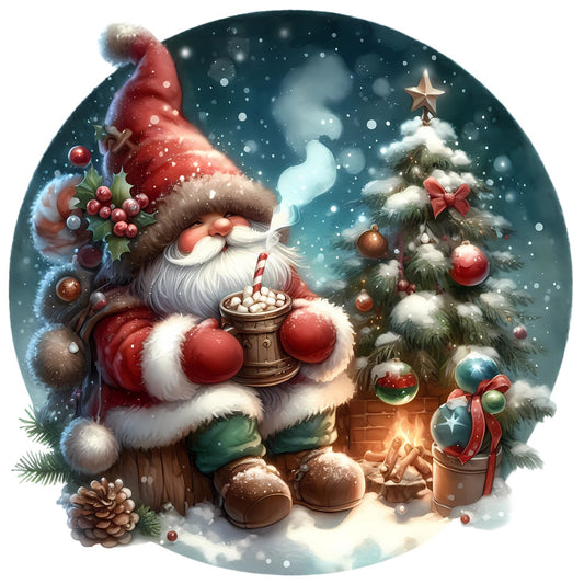 Christmas Winter Scene 24 Fabric Panel featuring a cozy Santa Claus with hot cocoa by a decorated snowy Christmas tree and warm fire pit.