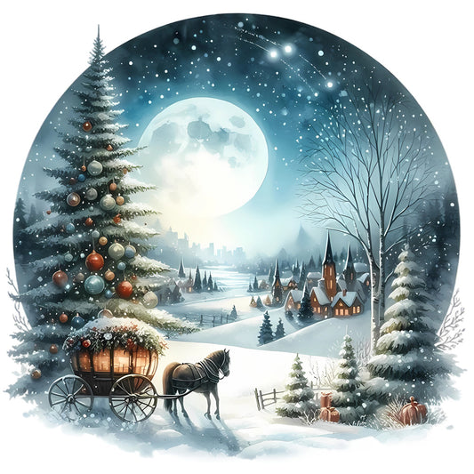 Christmas Winter Scene 25 Fabric Panel featuring a snowy village, moonlit sky, decorated tree, and horse-drawn carriage.