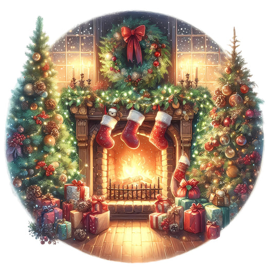 Christmas Winter Scene 26 Fabric Panel featuring a cozy holiday fireplace with stockings, decorated Christmas trees, wreath, and wrapped gifts.