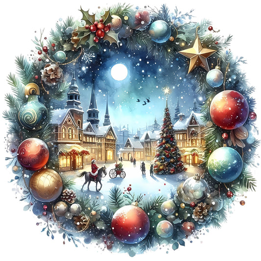 Christmas Winter Scene 27 Fabric Panel features a snowy village with holiday decorations and a festive Christmas wreath border.