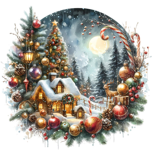 Christmas Winter Scene 28 Fabric Panel showing a snowy cabin, decorated trees, ornaments, and a deer in a moonlit winter night.