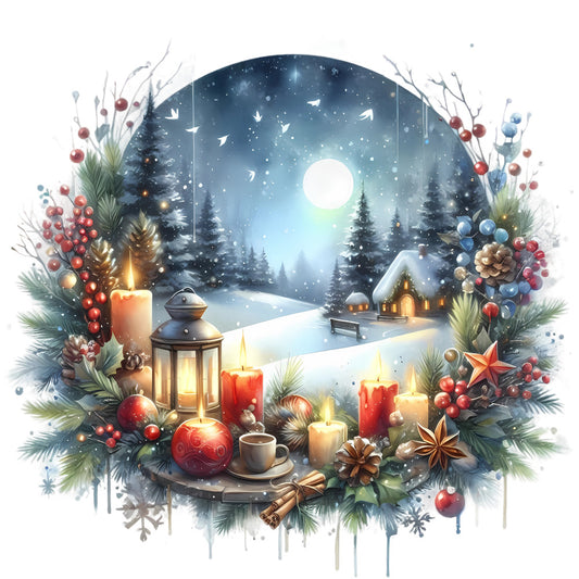 Christmas Winter Scene 29 Fabric Panel with snowy cabin, glowing candles, pinecones, berries, lantern, and festive winter wreath design.