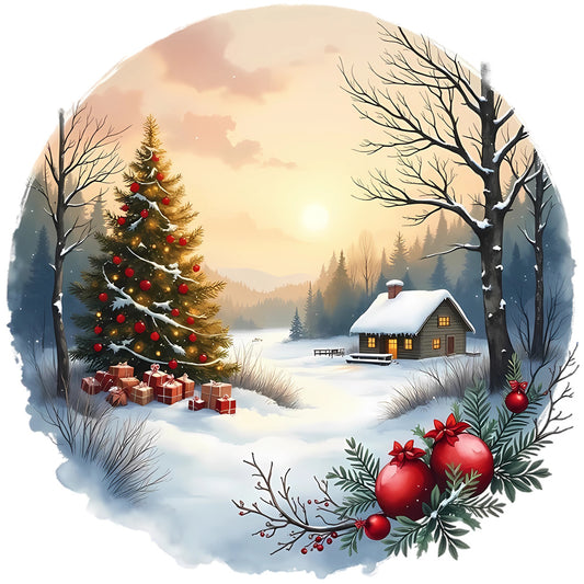 Christmas Winter Scene 2 Fabric Panel featuring a snowy landscape with decorated tree, gifts, and cozy cabin at sunset.
