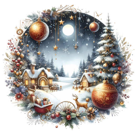 Christmas Winter Scene 30 Fabric Panel featuring a snowy village, decorated trees, ornaments, and a full moon in a festive winter setting.