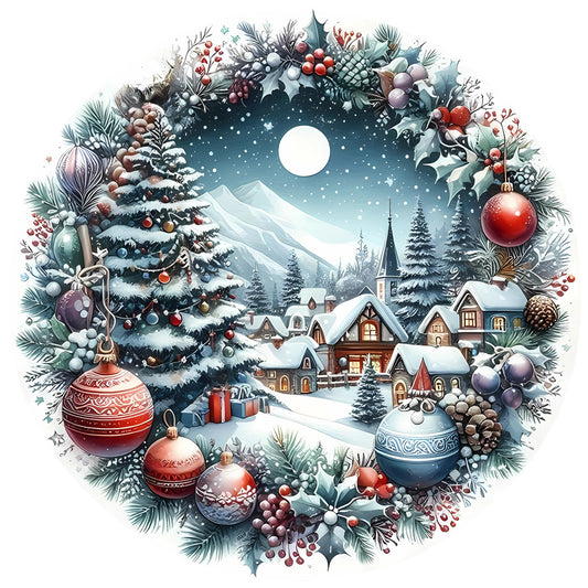 Christmas Winter Scene 31 Fabric Panel featuring a snowy village with decorated fir trees and holiday ornaments under a full moon.