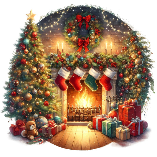 Christmas Winter Scene 32 Fabric Panel showing a cozy fireplace with stockings, Christmas tree, gifts, wreath, and festive holiday decorations.