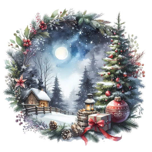 Christmas Winter Scene 33 Fabric Panel featuring a snowy cabin, pine trees, holiday wreath, gifts, and festive ornaments under a moonlit sky.