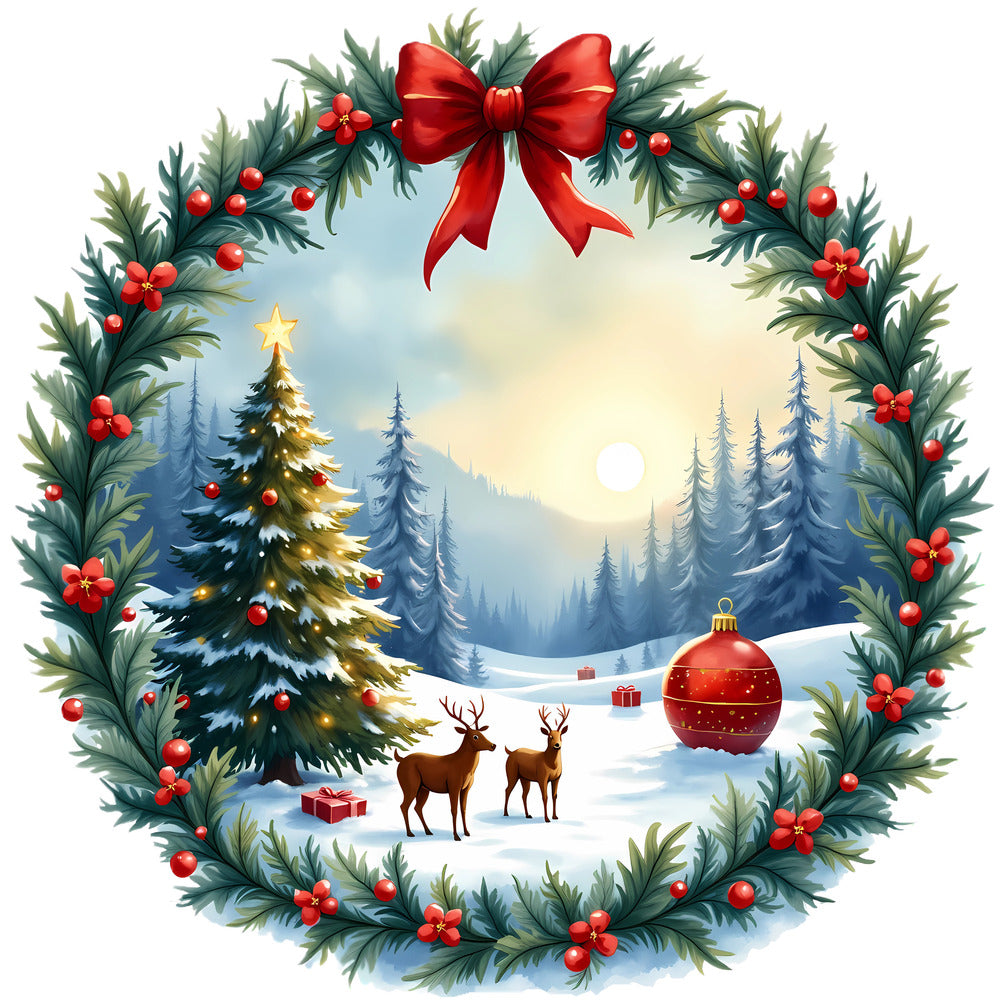 Christmas Winter Scene 3 Fabric Panel featuring a snowy forest with deer, decorated tree, and festive wreath with red bow.