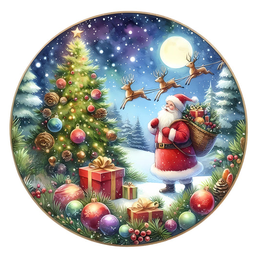 Christmas Winter Scene 4 Fabric Panel featuring Santa with gifts by a decorated tree under a full moon and flying reindeer in a snowy night.