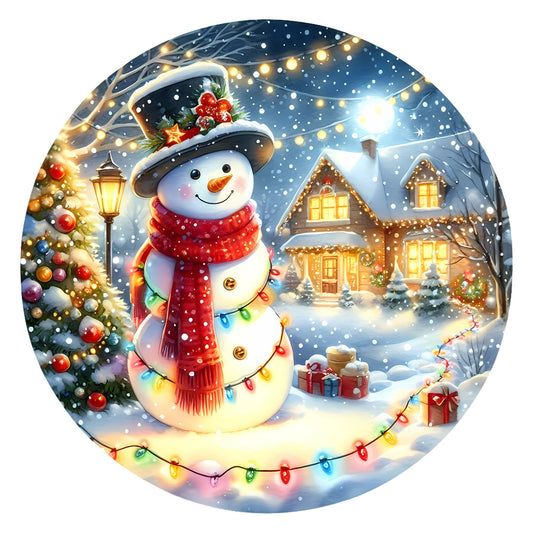 Christmas Winter Scene 5 Fabric Panel featuring a smiling snowman with lights, decorated tree, and snowy cozy house at night.