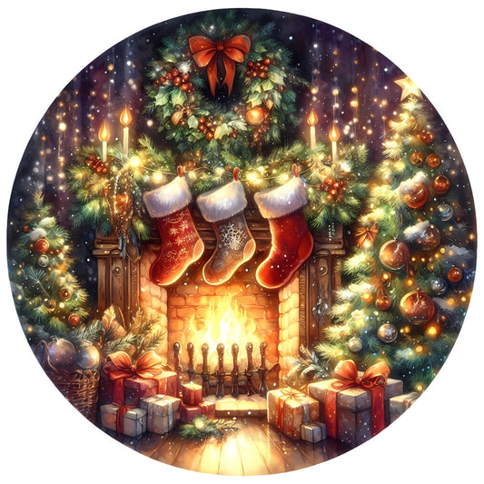 Christmas Winter Scene 6 Fabric Panel with cozy fireplace, stockings, wreath, decorated Christmas tree, and wrapped gifts in warm glow.