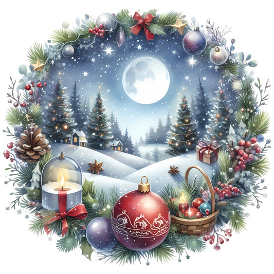 Christmas Winter Scene 7 Fabric Panel featuring a snowy night with decorated wreath, ornaments, candle, and pinecones in premium quilting cotton.