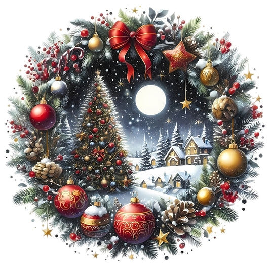 Christmas Winter Scene 8 Fabric Panel showing a festive wreath with ornaments, a decorated tree, snow, and cozy village houses.
