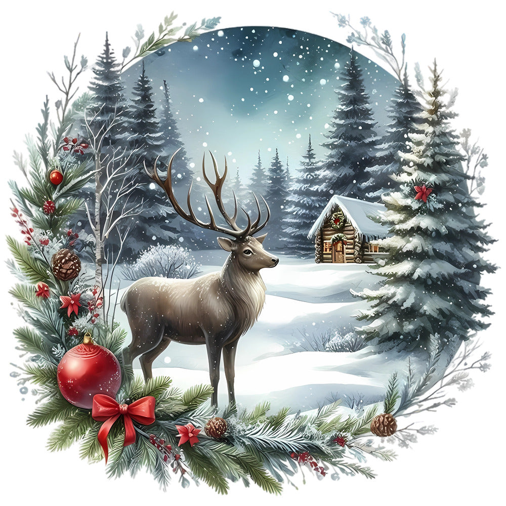 Christmas Winter Scene 9 Fabric Panel featuring a snowy forest, reindeer, decorated pine trees, and a cozy cabin in winter.
