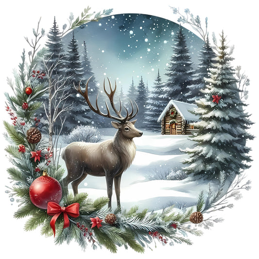 Christmas Winter Scene 9 Fabric Panel featuring a snowy forest, reindeer, decorated pine trees, and a cozy cabin in winter.
