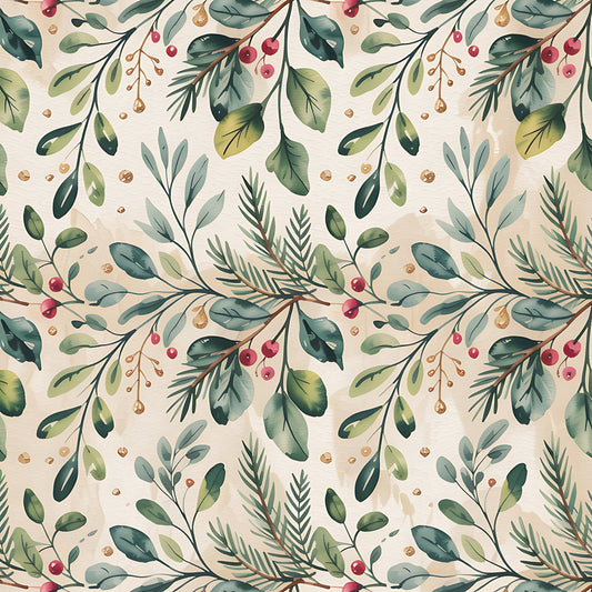Christmas Botanical Watercolor Pattern 9 Quilting Cotton Fabric