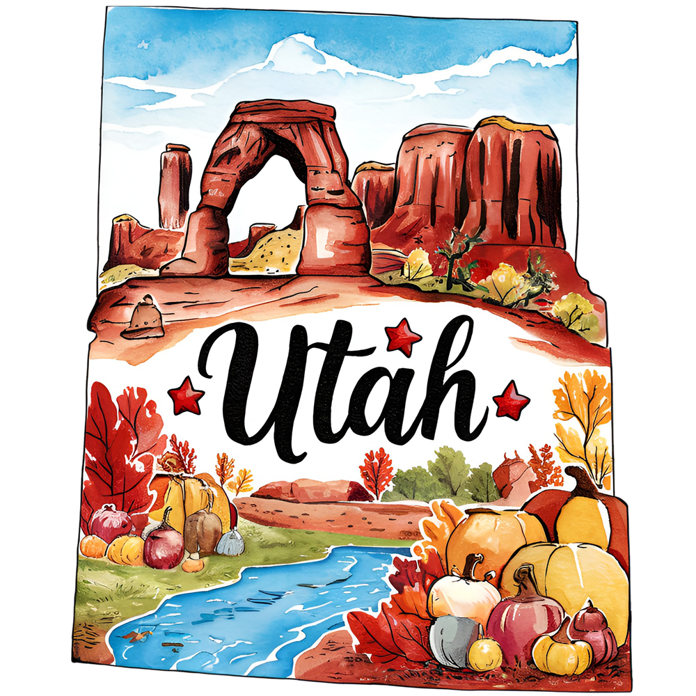 utah, red rocks, natural arch, blue sky, white clouds, autumn leaves, pumpkins, gourds, river stream, desert landscape, fall foliage, orange pumpkins, watercolor style, fabric panel, quilting cotton, seasonal harvest, southwestern scenery, rock formations, autumn colors, burnt orange