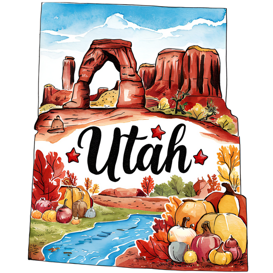 utah, red rocks, natural arch, blue sky, white clouds, autumn leaves, pumpkins, gourds, river stream, desert landscape, fall foliage, orange pumpkins, watercolor style, fabric panel, quilting cotton, seasonal harvest, southwestern scenery, rock formations, autumn colors, burnt orange