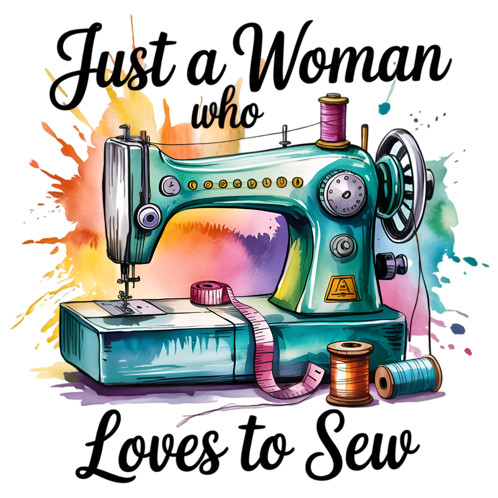 Color Splash Loves to Sew Fabric Panel featuring a vintage sewing machine with colorful thread spools and vibrant watercolor splash.
