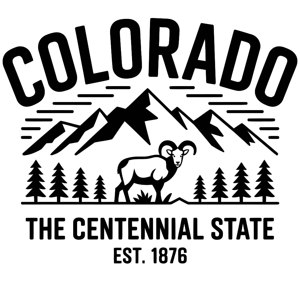 Colorado Black and White Fabric Panel featuring mountains, a ram, and text celebrating Colorado as the Centennial State EST 1876