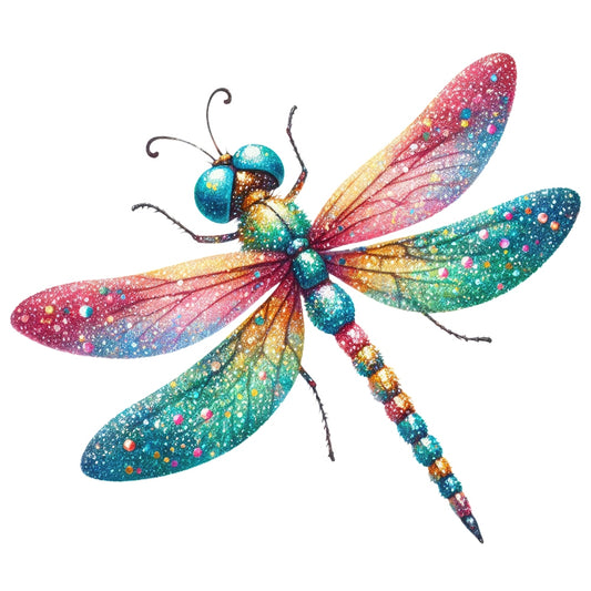 Colorful Dragonfly Fabric Panel 1 featuring a vibrant, detailed dragonfly with pink, blue, and gold hues on premium quilting cotton.