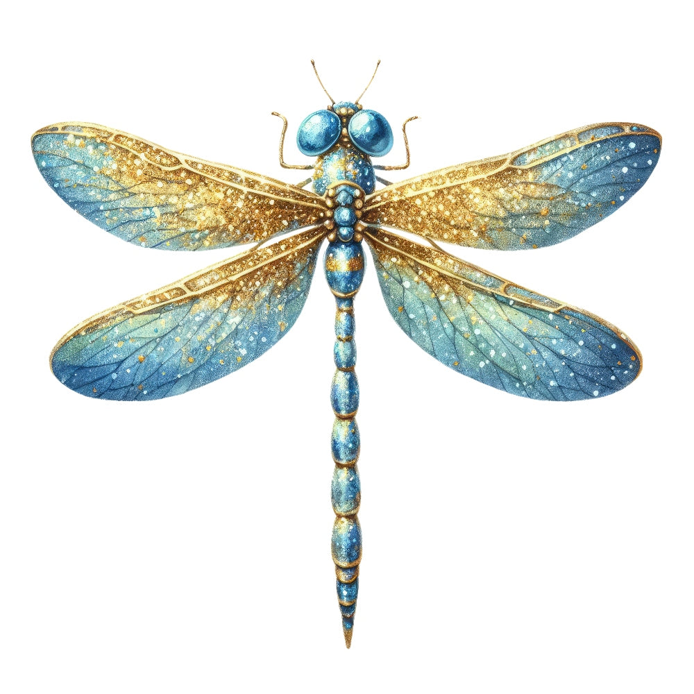 Colorful Dragonfly Fabric Panel 11 with intricate blue and gold quilting cotton design, proudly printed in the USA.
