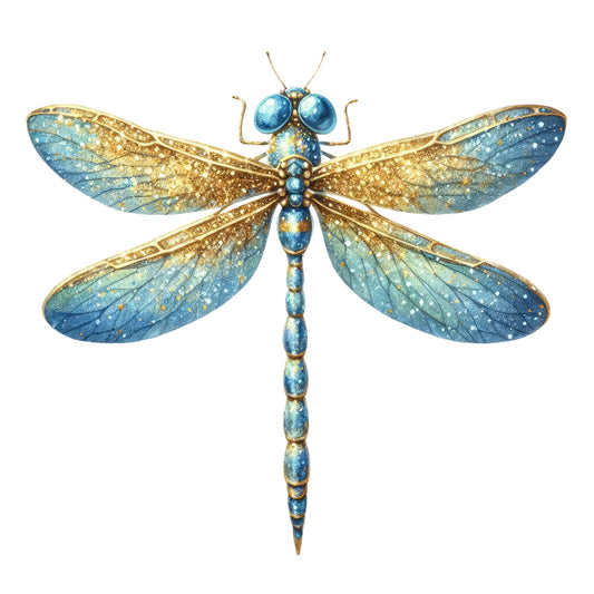 Colorful Dragonfly Fabric Panel 11 with intricate blue and gold quilting cotton design, proudly printed in the USA.