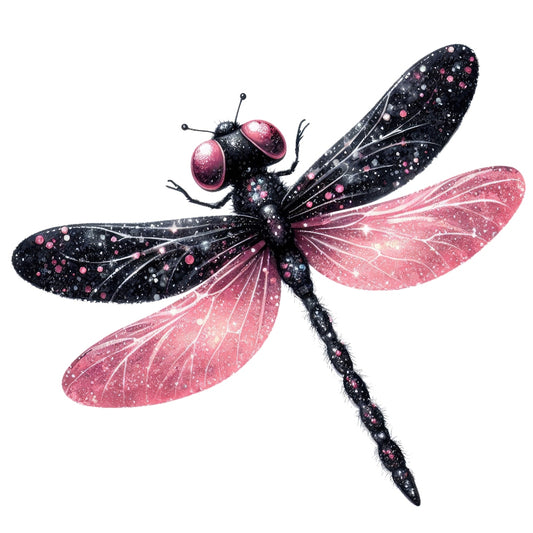 Colorful Dragonfly Fabric Panel 13 showcasing a detailed black and pink dragonfly design on premium quilting cotton fabric.