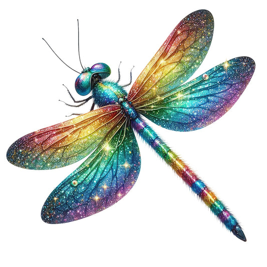 Colorful Dragonfly Fabric Panel 16 featuring a vibrant, glittering multicolor dragonfly design printed on premium quilting cotton.