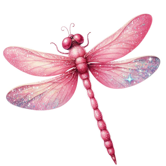 Colorful Dragonfly Fabric Panel 19 featuring a detailed pink dragonfly with sparkling wings printed on premium quilting cotton.