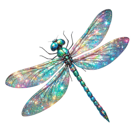 Colorful Dragonfly Fabric Panel 21 with vibrant, shimmering wings in a spectrum of blue, green, and pink hues on premium quilting cotton.
