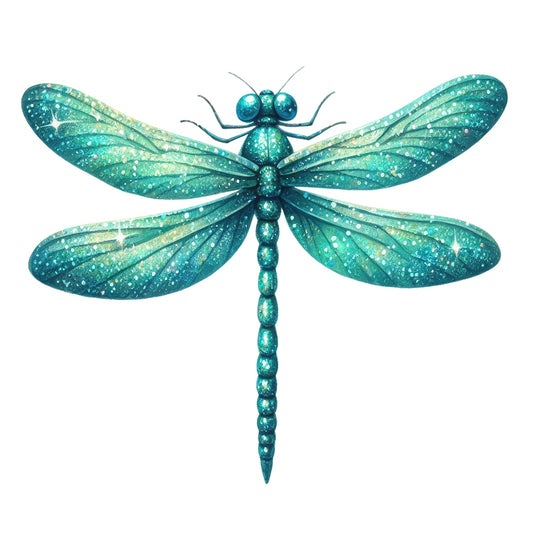 Colorful Dragonfly Fabric Panel 8 showcasing a detailed, sparkling teal dragonfly design printed on premium quilting cotton.
