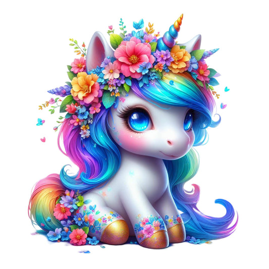 Colorful Magical Unicorn Fabric Panel 1 featuring a vibrant unicorn with rainbow mane and floral decorations on premium quilting cotton.