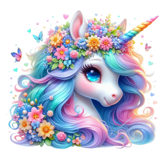 Colorful Magical Unicorn Fabric Panel 10 features a vibrant unicorn head with rainbow mane and floral crown on premium quilting cotton.